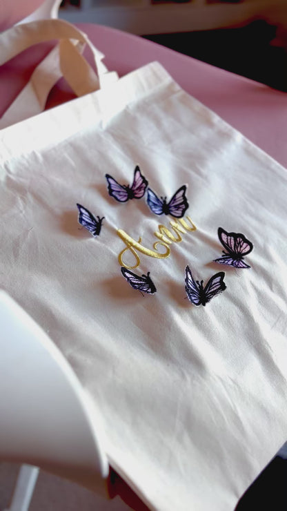 embroidery, tote bag, handbag, apparel, butterfly bag, personalised bag, gift for friends, gift for family, personalised gift, butterflies,