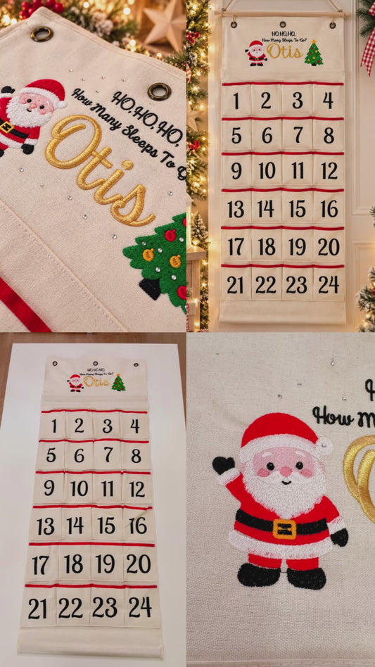 Personalised Christmas Advent Calendar – Embroidered 24-Pocket Hanging Countdown
