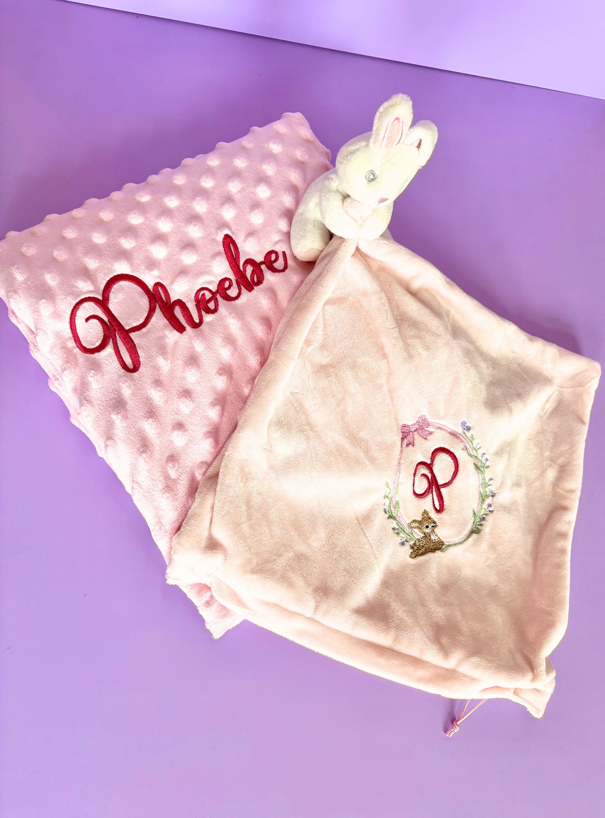Personalised baby bundle gift set with nursery storage trug, soft minky blanket, and rattling comforter for baby shower