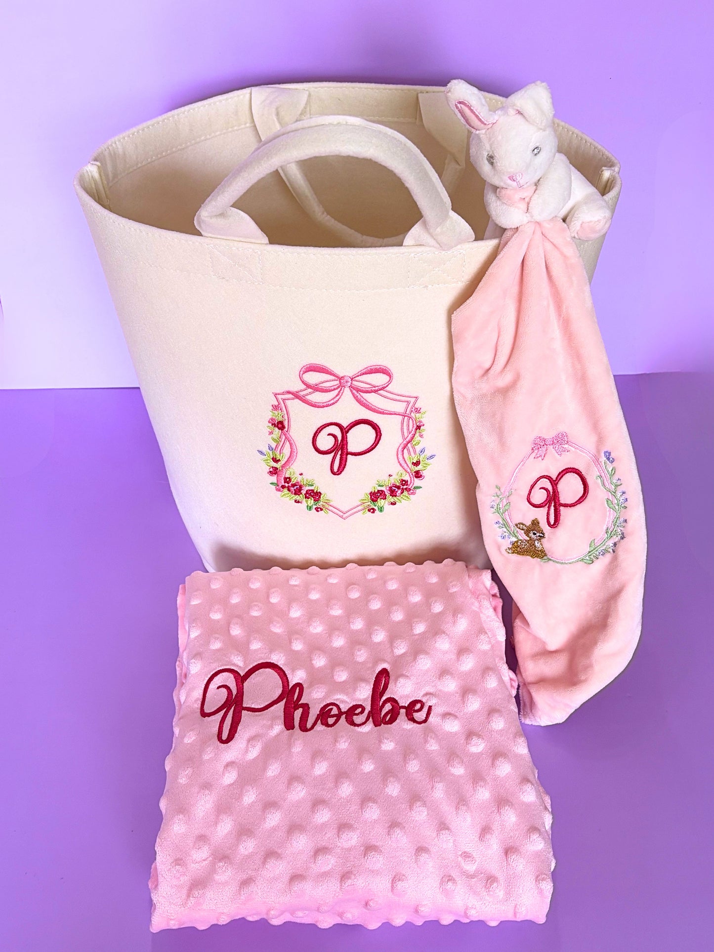 Personalised baby bundle gift set with storage trug, minky blanket, and comforter for baby shower