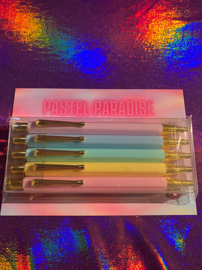 Pastel paradise pen set with gold trim, 5 pieces, pastel colors, blue ink, stationery.