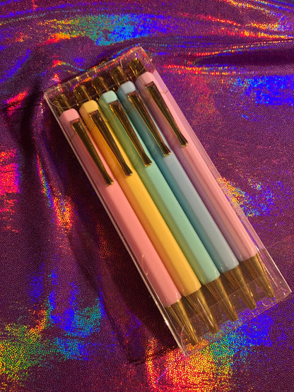 Pastel paradise pen set with gold trim, 5 pcs, blue ink, stationery.