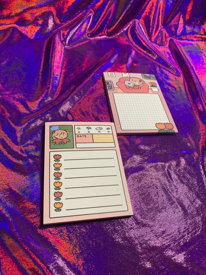 Kawaii A6 notepads for to-do lists on shiny fabric background.