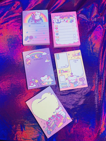 Kawaii desk notepad set with cute bear designs, five pads, vibrant colors.