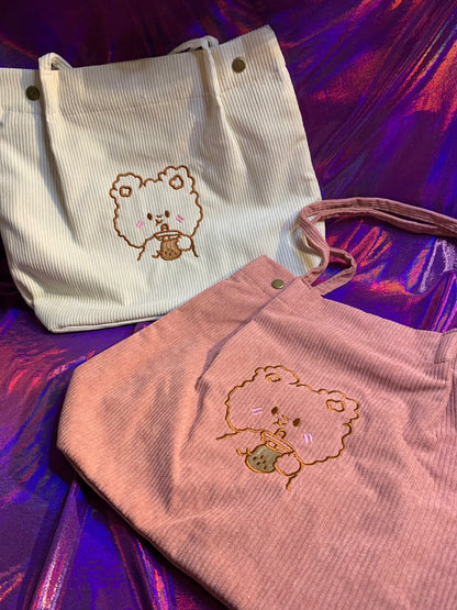 Kawaii style tote bag with embroidered bear and boba, pink and white, waterproof, shopping bag.