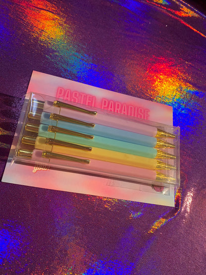 Pastel paradise pen set in vibrant pastel colors with gold trim, 5 pcs, blue ink stationery.