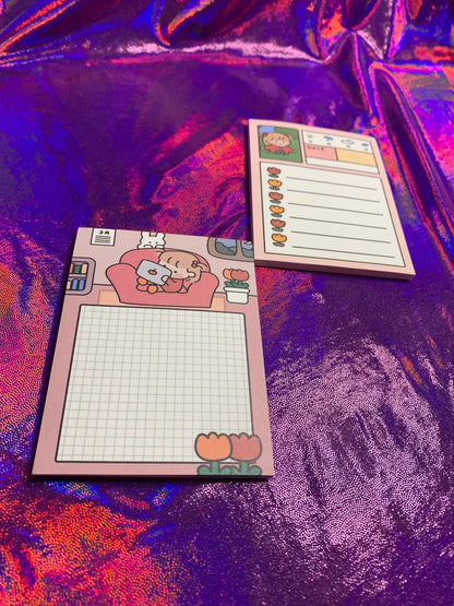 To-do’s and Tulips mini notepads A6 on a vibrant background with kawaii designs.