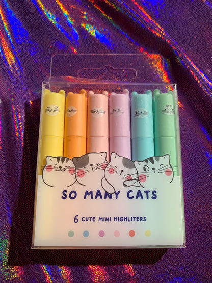 Cute cat-themed mini highlighters set in bright colors.