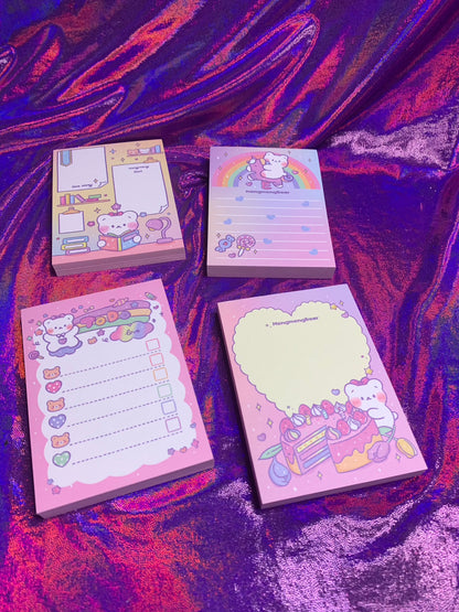 Kawaii bear-themed desk notepad set with colorful designs and 100 pages each.