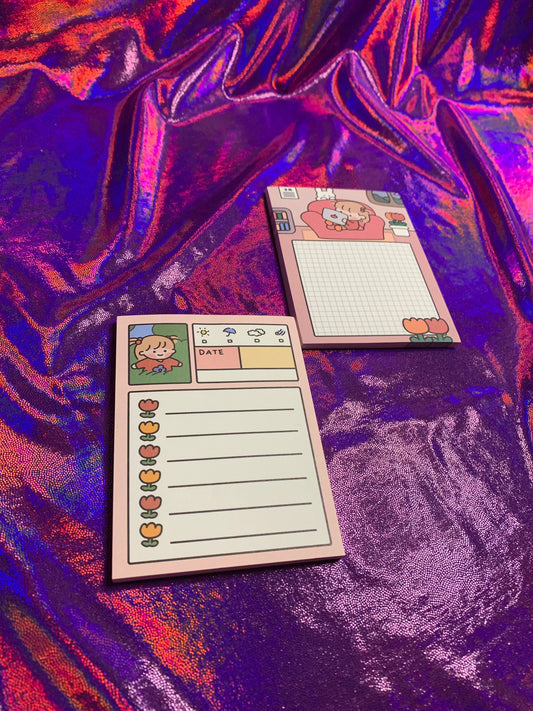 To-do’s and Tulips mini notepads A6 on vibrant fabric background.