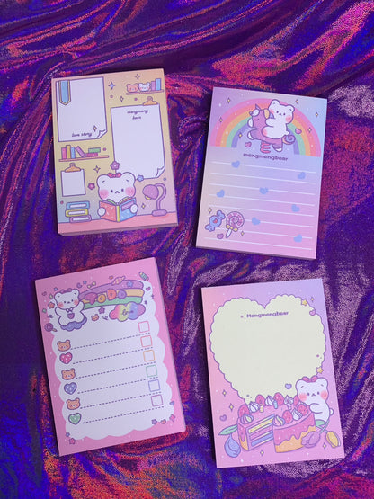 Kawaii bear-themed desk notepad set with colorful designs.