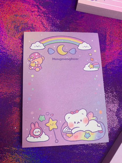 Kawaii desk notepad set with cute bear and rainbow design, perfect for note-taking.